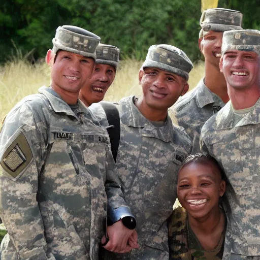 Image similar to a soldier takes a selfie with tribesmen.