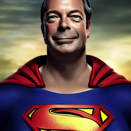 Image similar to Portrait of Nigel Farage as superman, heroic, amazing splashscreen artwork, splash art, head slightly tilted, natural light, elegant, intricate, fantasy, atmospheric lighting, cinematic, matte painting, detailed face, by Greg rutkowski