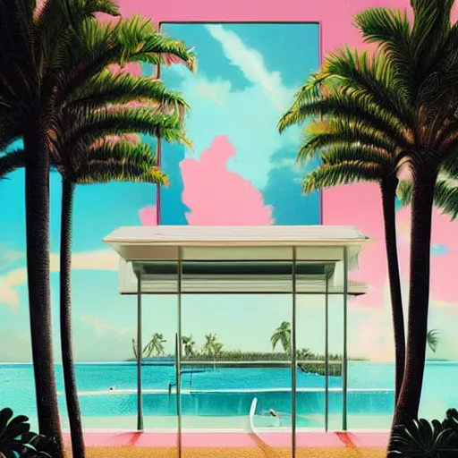 Image similar to miami vice, indoor liminal space, golden light, greg rutkowski, palm trees, pink door, minimalistic, hyperrealistic surrealism, award winning masterpiece with incredible details, epic stunning, infinity pool mirrors, a surreal vaporwave liminal space with mirrors, highly detailed, trending on artstation, artgerm and greg rutkowski and alphonse mucha, daily deviation