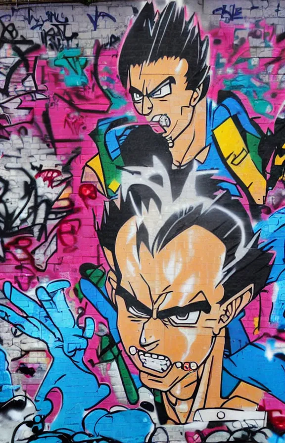 Prompt: a graffiti wall of super saiyajin freddy mercury