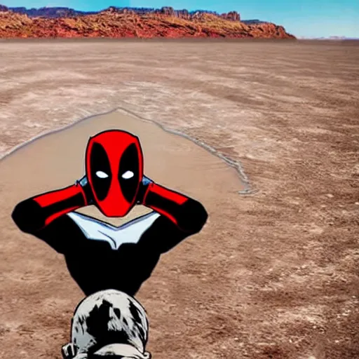 Image similar to deadpool sticking his head out of empty drained lake mead, with the words lake mead written across the top, in comic book style