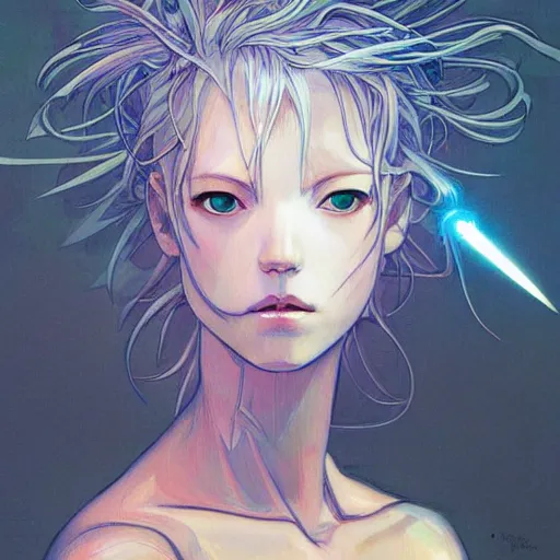 Image similar to prompt : lightning portrait soft light painted by james jean and katsuhiro otomo and erik jones, inspired by evangeleon anime, smooth face feature, intricate oil painting, high detail illustration, sharp high detail, manga and anime 1 9 9 9