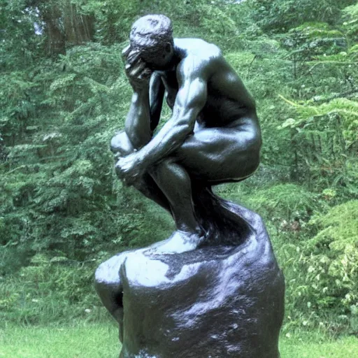 Image similar to The thinker sculpture by auguste rodin mushrooms at the base , placed in a lush forest, sketch, William Bartram