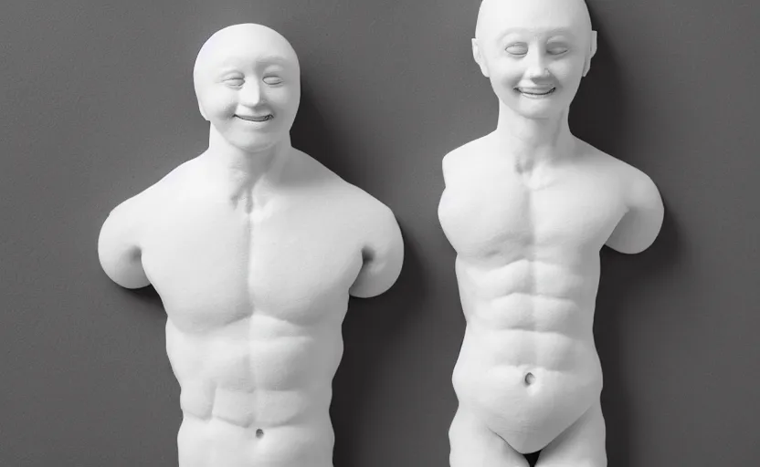 Image similar to human body made from white clay, head and hair, posing, sss, white solid, pale skin