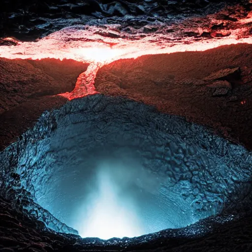 Image similar to head of necoark emerges from a lava lake, cave background, high detail, lava reflections, cave reflecting in the lava lake, dramatic shot