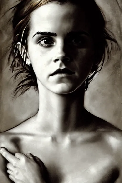 Image similar to emma watson frowning detailed portrait painting by gaston bussiere craig mullins j. c. leyendecker photograph by richard avedon peter lindbergh annie leibovitz