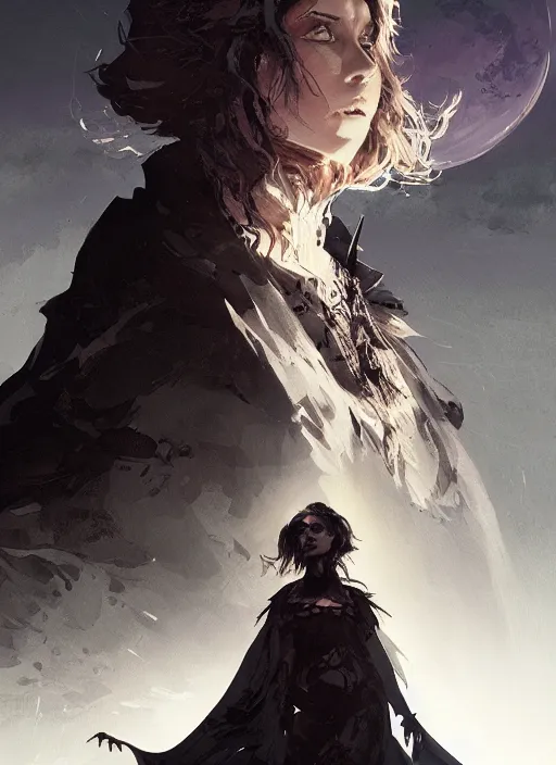 Image similar to portrait of Anna Millerstone as a Dark evil witch, big moon in the background, dramatic lighting, book cover illustration by Greg rutkowski, yoji shinkawa, 4k, digital art, concept art, trending on artstation