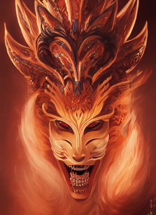 Image similar to a beautiful detailed oil on copper art illustration of a japanese namahage kitsune mask devil woman, centered, by charlie bowater, zeng fanzh, trending on artstation, dim dusk lighting, cinematic lighting, detailed lighting, volumetric lighting, realistic, f 8, 4 k hd wallpaper