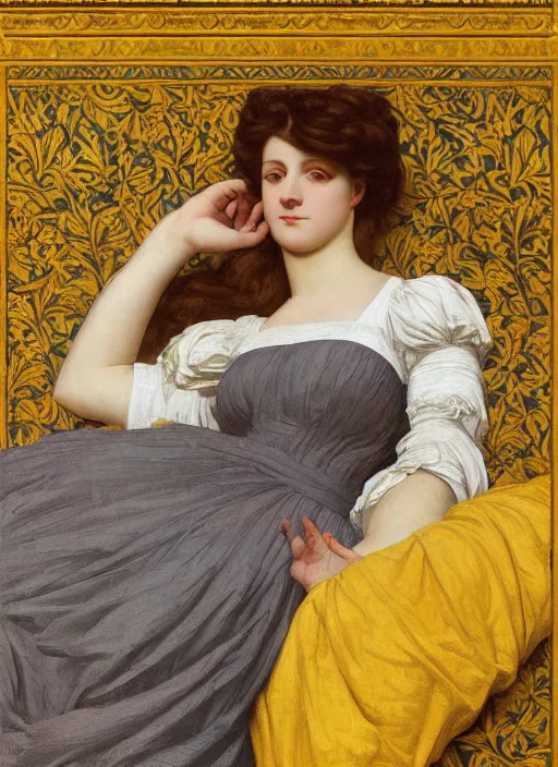 Image similar to masterpiece portrait of lady reclining on bed wearing yellow ochre ornate medieval dress, vertical, foreshortening, colour photography by frederic leighton, william morris, 8 k