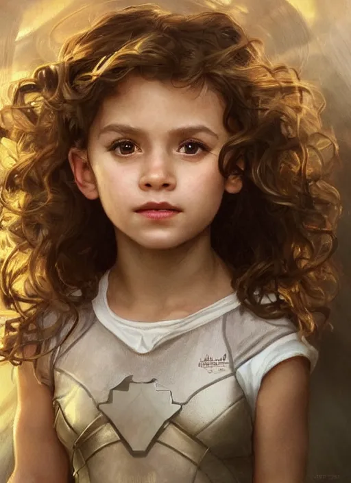 Prompt: a little girl with a mischievous face and light brown curly wavy hair. she is dressed as captain america, spiderman, batman, the flash, captain marvel, wonder woman, a superhero. clean elegant painting, beautiful detailed face. by artgerm and greg rutkowski and alphonse mucha