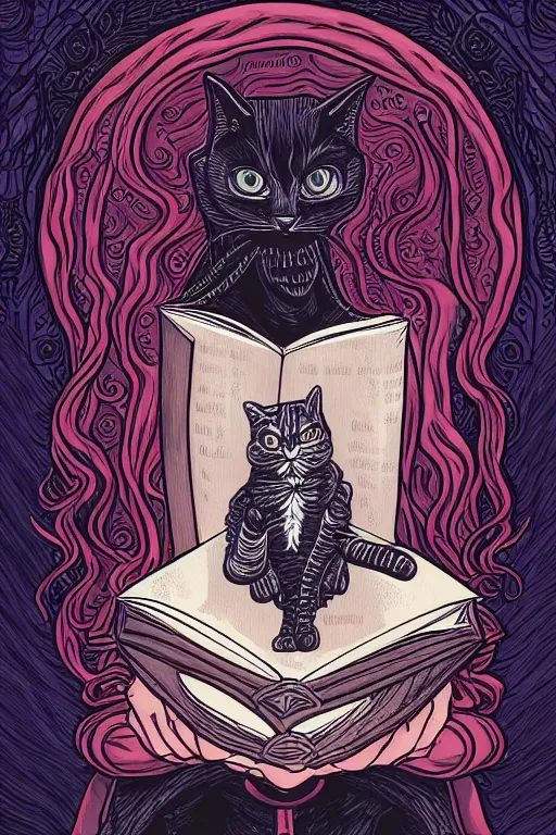 Prompt: biden illustration of romantic girl, her cat and her book of necronomicon, symmetrical, cinematic, sharp focus, 4 k, ultra hd, sense of awe, sinister demonic atmosphere, dreadful, forbidden knowledge, old gods, cthulhu, yog - sothoth! yah, yah, yah! cultist journal cover