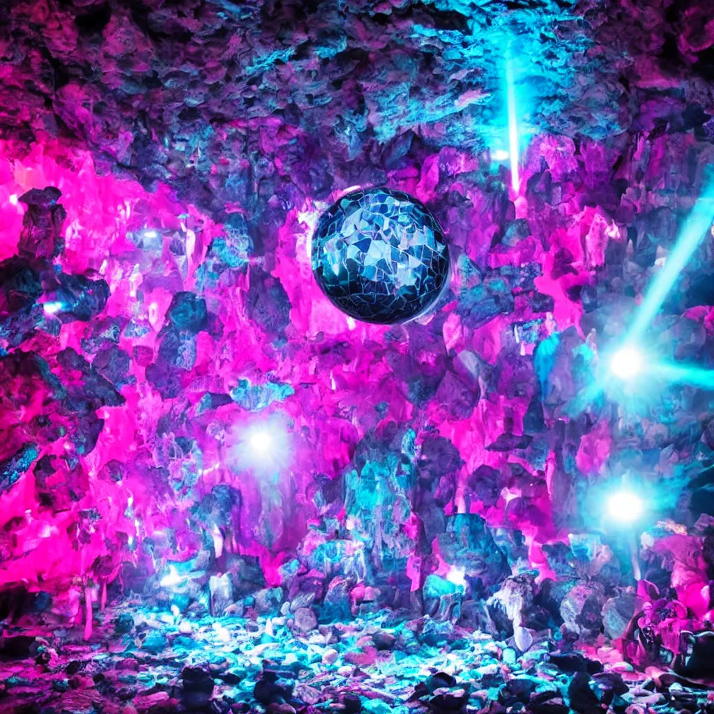 Image similar to goth disco in a cave with pink lasers and blue crystals forming a sphere of knives
