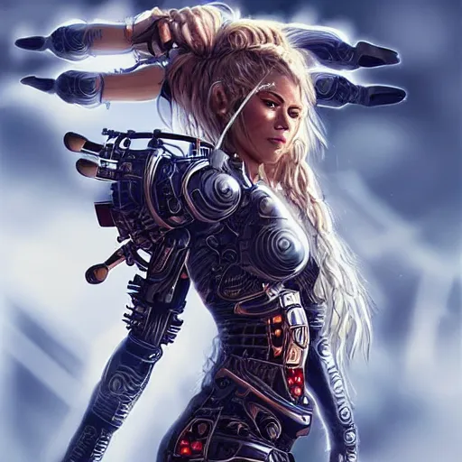 Prompt: Shakira as a samurai cyborg, mech, cyberpunk, intricate details, highly detailed, concept art. Art by Nivanh Chanthara