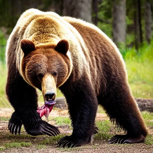 Prompt: a bloodthirsty bear, raised up on one side, with three ribs in its mouth between its teeth