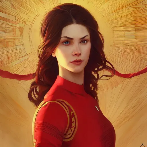 Image similar to a female wearing a red mechanics jumpsuit, intricate, elegant, highly detailed, digital painting, artstation, concept art, smooth, sharp focus, illustration, art by artgerm and greg rutkowski and alphonse mucha, 8 k