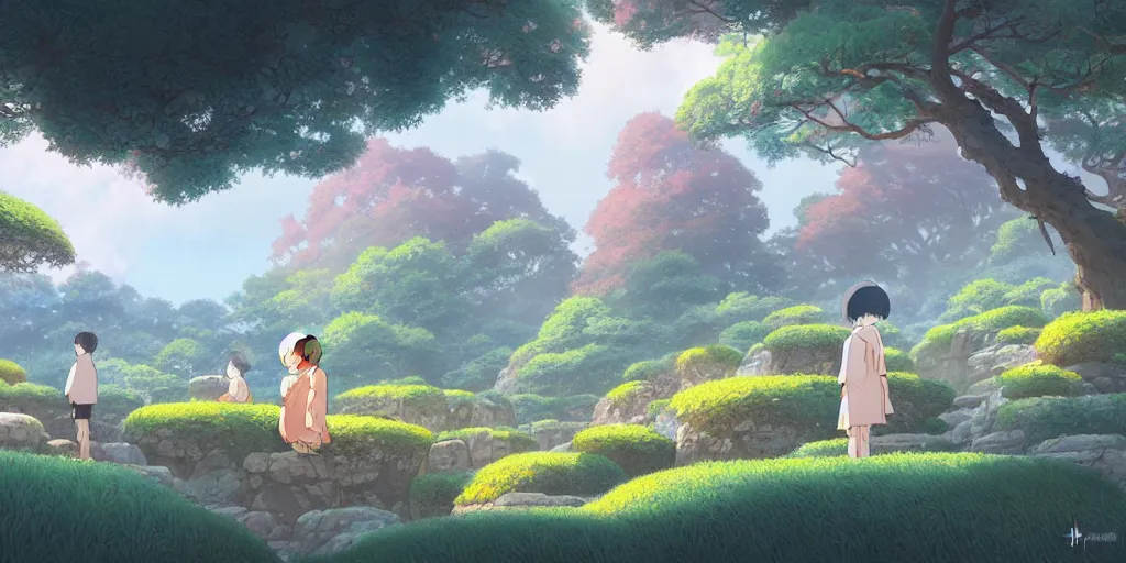 Prompt: a serene landscape, natural lighting, playful color scheme, intricate details, matte painting, illustration, by hayao miyazaki