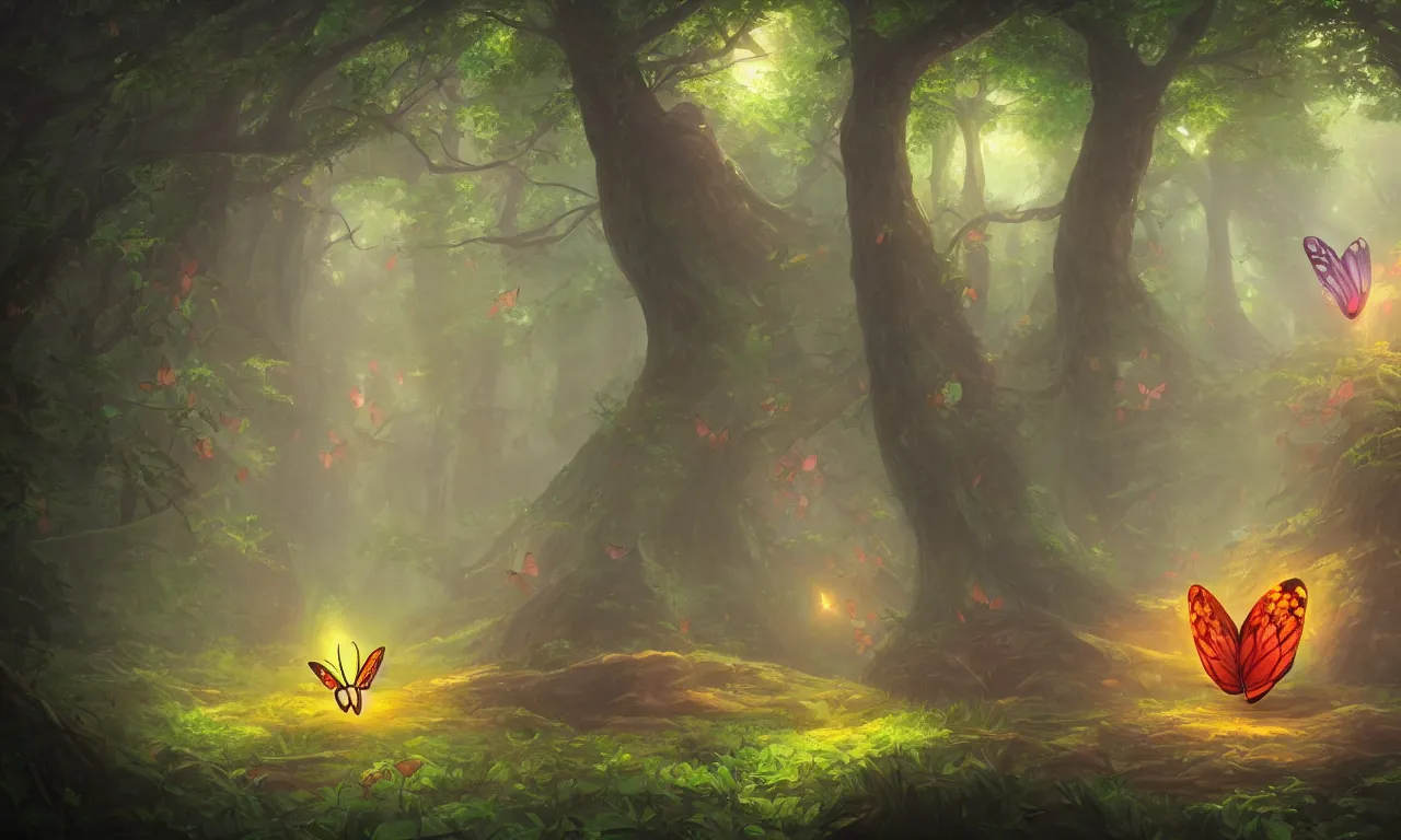 Prompt: Glowing Butterfly in forest, trending on artstation, 30mm, by Noah Bradley