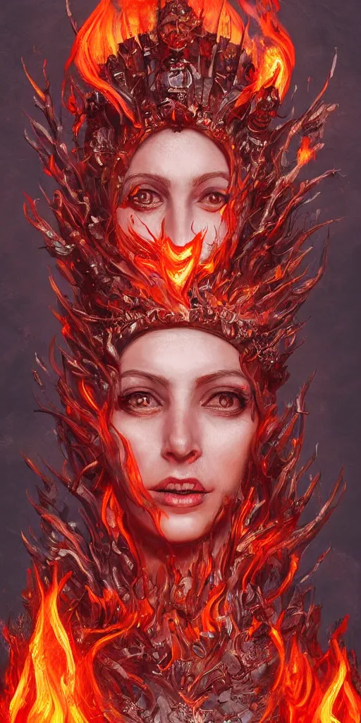 Image similar to Fantasy character portrait of distorted detailed painting of a queen woman made of fire, hyper detailed, red flames, trending on Artstation