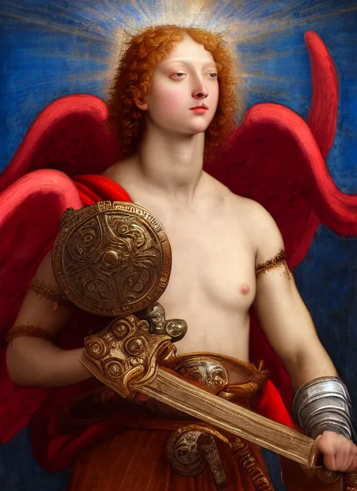 Image similar to a beautiful intricate renaissance painting portrait of a bulky short haired man angel aasimar paladin knight in an ornate completely red heavy armor with a shining heavenly sword and giant blue wings, by Raphael, Leonardo DaVinci, great masterpiece, award winning historic painting, dynamic composition, trending on artstation,4k, 8k