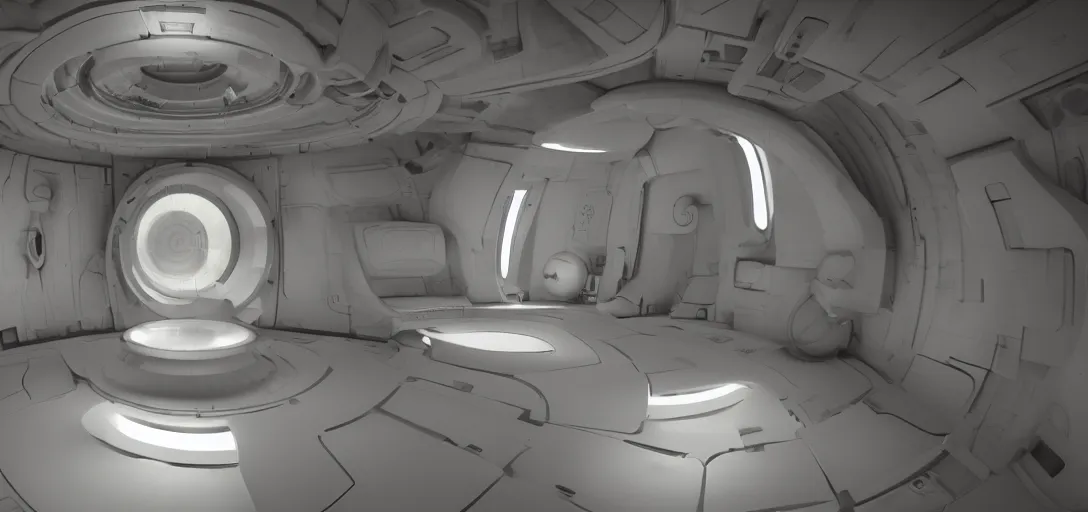 Image similar to inside a sci-fi spaceship escape pod that is a mind temple for meditation and discovery of secret knowledge. clean white interior, hyperrealism 8k, pbr material, raytraced, vray, hdri
