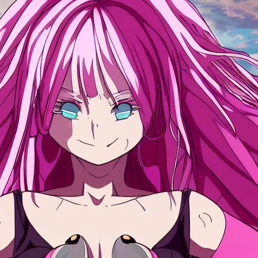 Prompt: stunningly beautiful omnipotent megalomaniacal anime goddess with porcelain skin, pink hair and mesmerizing cyan eyes, symmetrical perfect face smiling in a mischievous haughty way, mid view, hyperdetailed, 2 d, 8 k