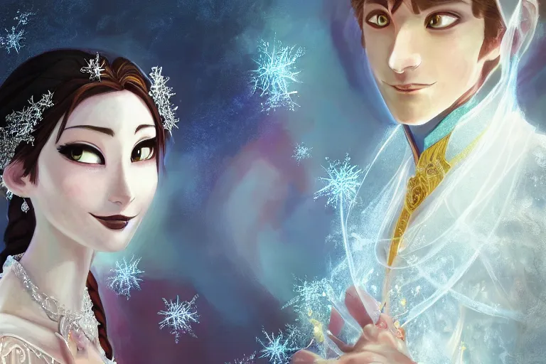 Image similar to a cinematic portrait of wedding photograph jpeg close up moment of a divine a japan sun god and moon goddess lovers magician at a wedding banquet. portraiture. digital painting. artstation. concept art. wedding photo. illustration. frozen ii art masterpiece by art by krenz cushart