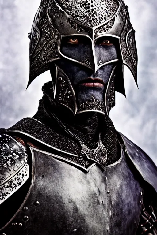 Image similar to head and shoulders portrait of an eldritch knight, drow, dark elf, shadar kai, male, breastplate, magical, high fantasy, d & d, by annie liebovitz, face details, extremely detailed, vogue fashion photo