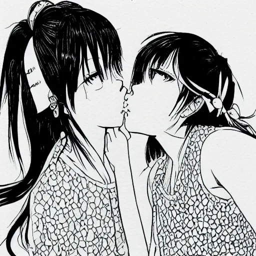 Image similar to portrait of two girls kissing, detailed manga art