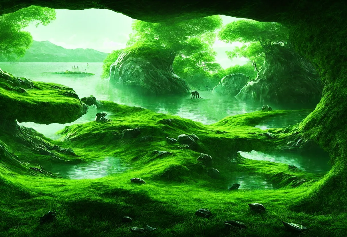 Image similar to inside of alien lake lush summer green landscape of human mind and imagination, matte painting, beautiful render, octane render, concept art