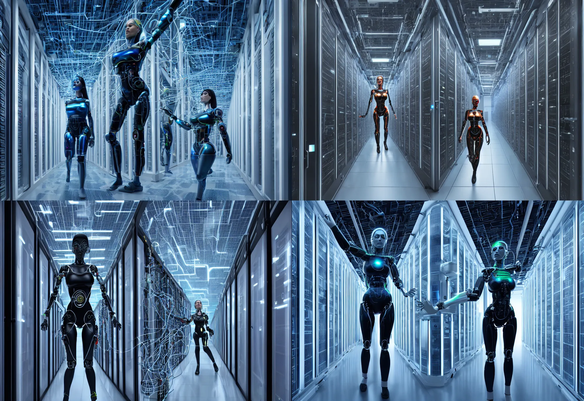 Prompt: female cyborg in data center by barclay shaw, in detailed data center, in realistic data center, whole body, whole figure, symmetry body, character design, proportional human body, cinematic realistic, hyper realistic, extreamly detailed octane render 8 k, by barclay shaw