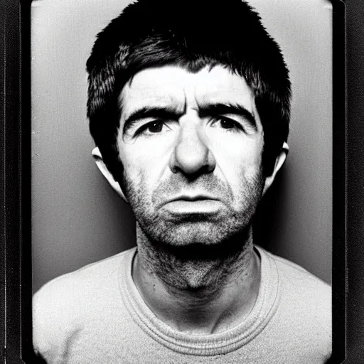 Image similar to Mugshot Portrait of Noel Gallagher, taken in the 1970s, photo taken on a 1970s polaroid camera, grainy, real life, hyperrealistic, ultra realistic, realistic, highly detailed, epic, HD quality, 8k resolution, body and headshot, film still, front facing, front view, headshot and bodyshot, detailed face, very detailed face