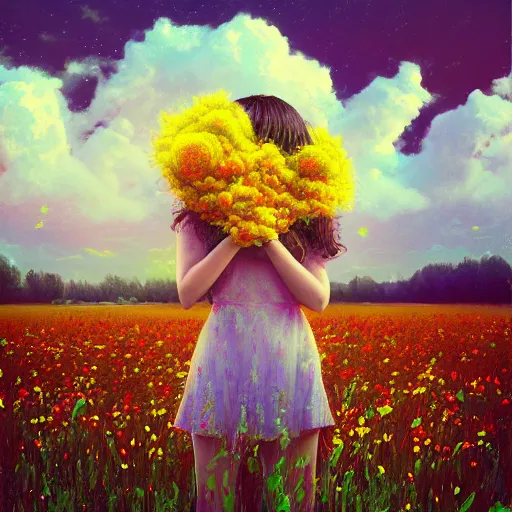 Prompt: exploding flower afro, full body, girl standing in the middle of a field with flowers, surreal photography, hills, sunrise dramatic light, impressionist painting, colorful clouds, digital painting, pointillism, artstation, simon stalenhag