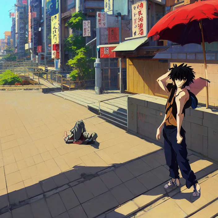 Image similar to front view painting of a stone railing urban japanese city in the background in the style of cowboy bebop, anime style, calm, sunny day, bright, artwork by jeremy lipkin and giuseppe dangelico pino and michael garmash and rob rey and greg manchess and huang guangjian and makoto shinkai, sharp edges, simple form, 1 0 0 mm