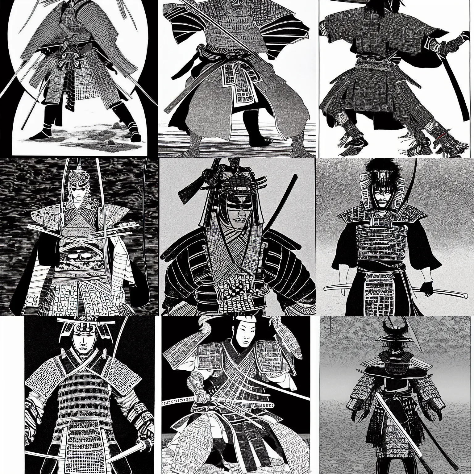 Prompt: samurai warrior, black and white stunningly intricate illustration by moebius