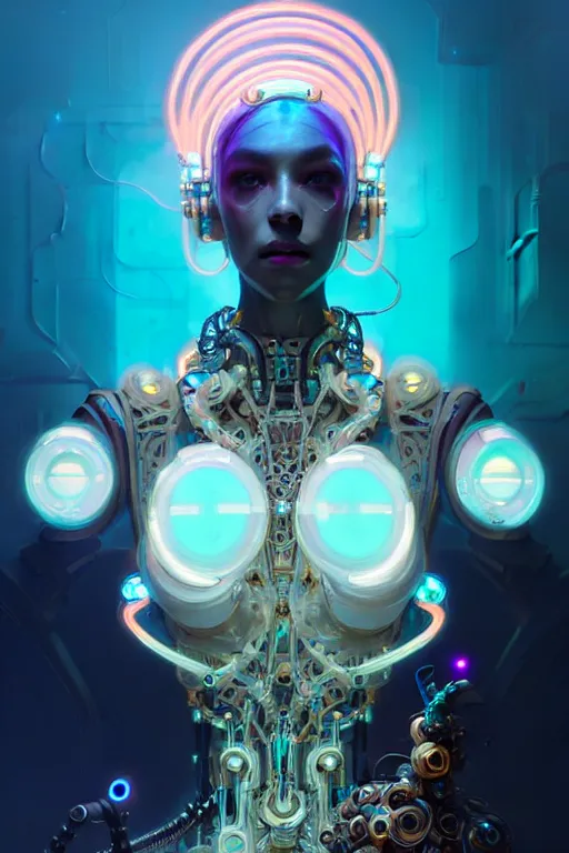 Prompt: portrait, biomechanical bioluminescent queen, cyberpunk, bionics, augments, cables, elegant gleaming intricate baroque jewellery, colorful, vivid, imposing, epic, digital painting, artstation, concept art, by peter mohrbacher and wlop and rhads