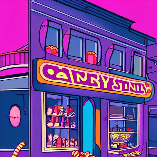 Image similar to a candy store scene, digital art, bubblegum noir aesthetic