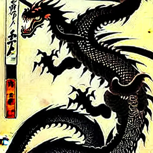 Prompt: biomechanical ukiyo - e lithograph of black dragon by utagawa kuniyoshi, very detailed, hyperrealistic