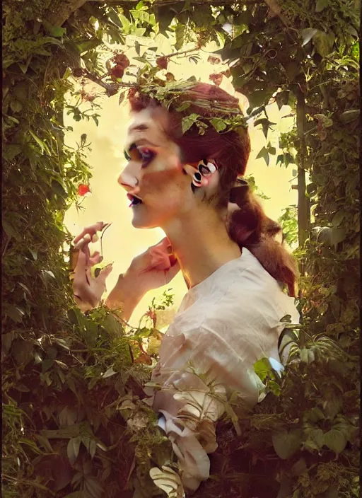 Image similar to hyper realistic photographer looking through a vintage camera, design on white background, beautiful details, lush foliage, gold, drawn by john singer sargent, tom bagshaw, norman rockwell, alphonso mucha, lolish, trending on artstation