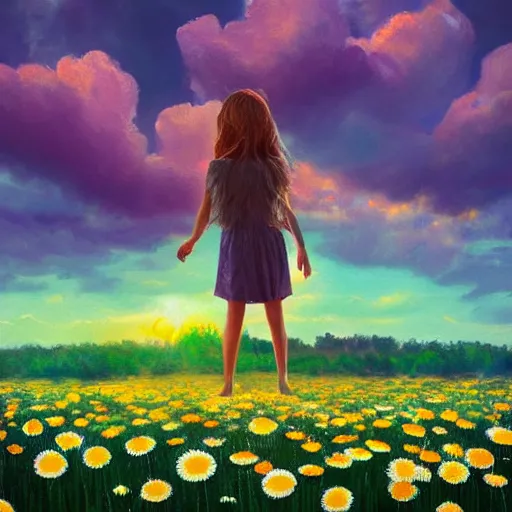 Image similar to head made of giant daisies, girl standing barefoot in a vast flower field, surreal photography, sunrise dramatic light, impressionist painting, colorful clouds, large sky, digital painting, artstation, simon stalenhag, flower face