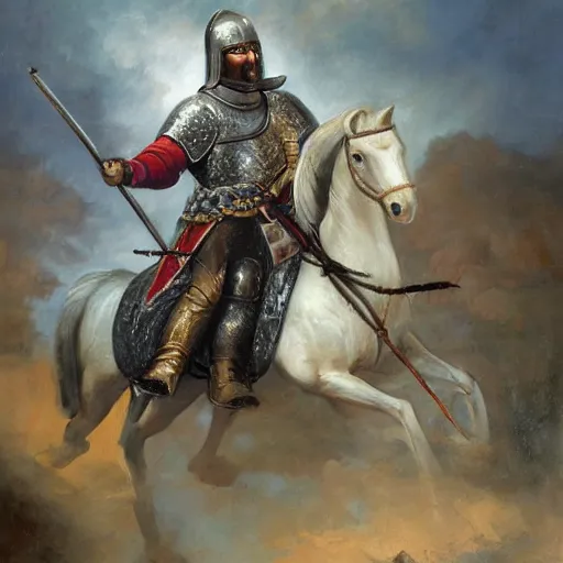 Prompt: a beautiful oil painting of a middle eastern knight in shining armor riding a horse