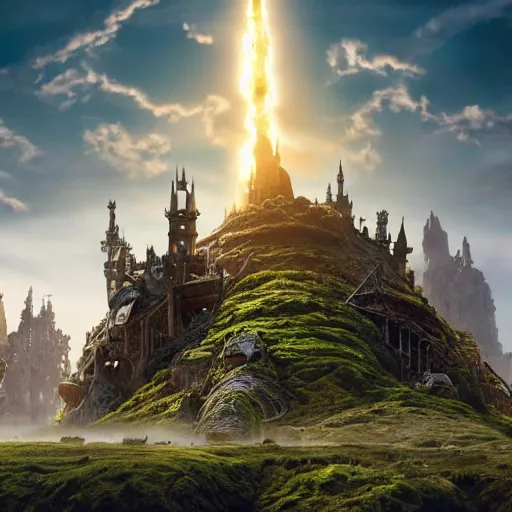 Image similar to large fantasy victorian castle rising from the top of a giant moving tortoise standing on all four legs, towering over a harsh barren sandy wasteland, distant shot angled slightly up, fantasy, hyper detailed, 4 k, howls moving castle, mortal engines, kaiju,