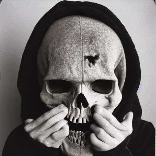 Image similar to close-up shot of a skull wearing hoodie in 80s, at the party, Polaroid photo, by Warhol