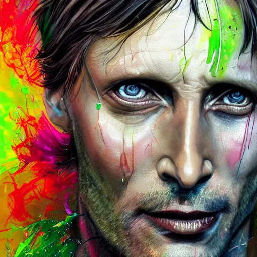 Image similar to a Demon Slayer portrait of Mads Mikkelsen, tall, pale-skinned, slender with lime green eyes and long eyelashes by Stanley Artgerm, Tom Bagshaw, Arthur Adams, Carne Griffiths, trending on Deviant Art, street art, face enhance, chillwave, maximalist, full of color, glittering