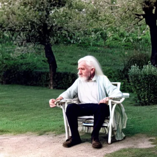 Prompt: long white hair old man with green shirt and white short, sitting in ile de re house garden, film still of plein soleil ( 1 9 6 0 )