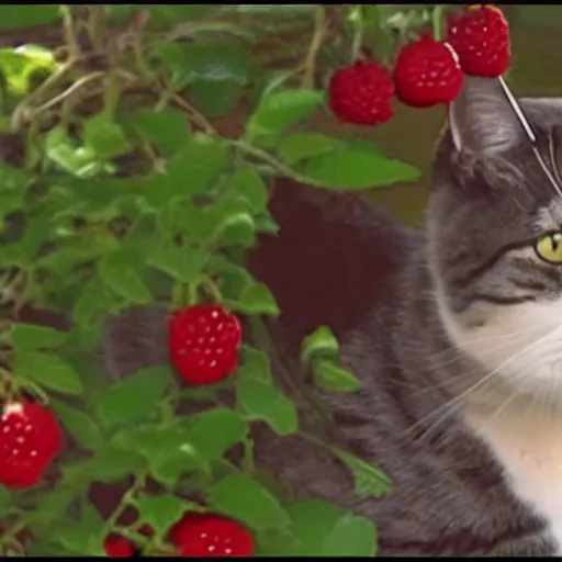 Prompt: cctv footage of a cat eating berries in backyard last night. caught on camera