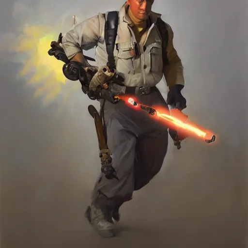 Image similar to greg manchess portrait painting of partially armored ghostbuster peter venkman overwatch character, medium shot, asymmetrical, profile picture, organic painting, sunny day, matte painting, bold shapes, hard edges, street art, trending on artstation, by huang guangjian and gil elvgren and sachin teng
