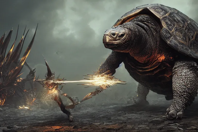 Image similar to a giant tortoise with spiked shell and sharp claws being pulled below the ground, dark souls inspired, elden ring inspired, octane render, rtx, unreal engine 5, digital painting, trending on artstation, highly detailed, epic composition, 8 k uhd