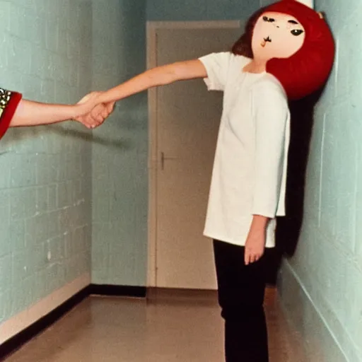 Image similar to teenage girl holds hands with inflatable toy boyfriend at high school, 1978 color Fellini film, in school hallway, dirty walls, archival footage, technicolor film, 16mm, live action, John Waters