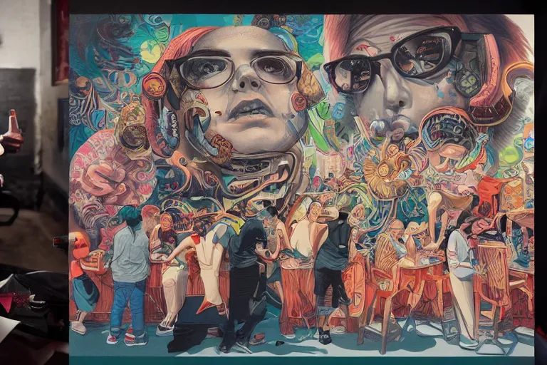 Image similar to Drunks people in bar, Tristan Eaton, victo ngai, artgerm, RHADS, ross draws