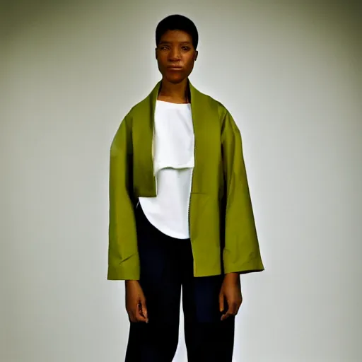 Image similar to realistic photoshooting for a new balenciaga lookbook color film photography of a beautiful woman model, model wears a workwear jacket, photo in style of tyler mitchell, ssense